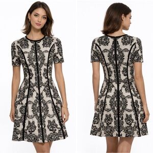 BCBGMAXAZRIA Black & White Damask Jacquard Knit Mini Dress